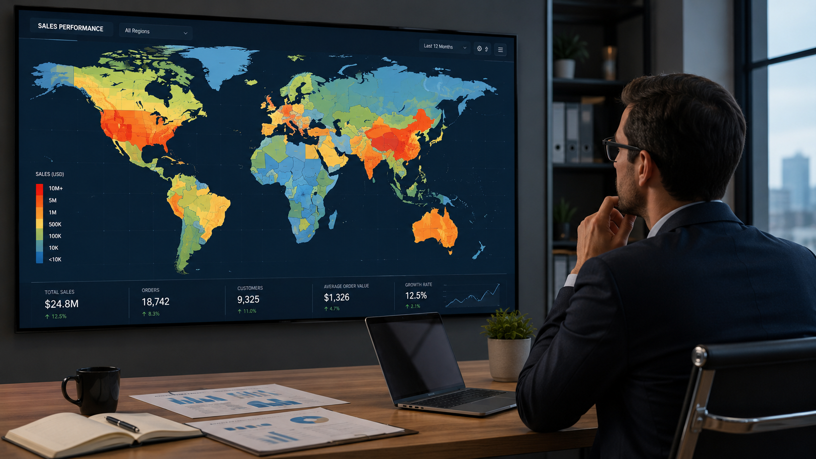 A professional looking at a world map showing sales data heatmaps