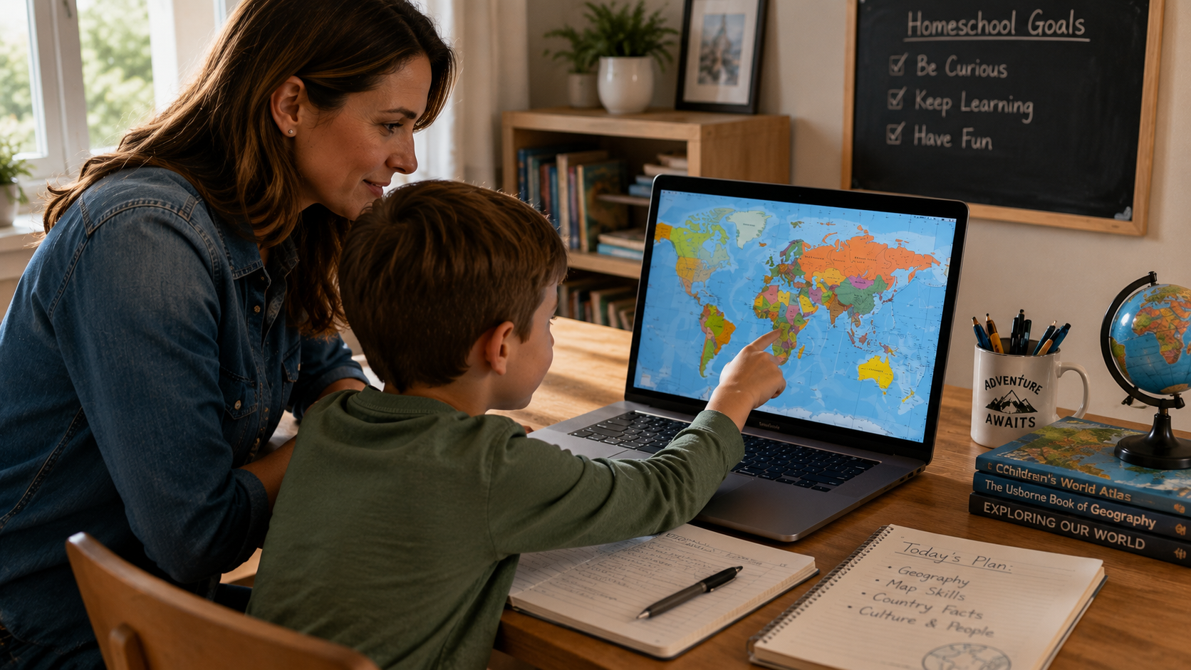 A parent and child exploring a world map on a laptop during a homeschool lesson